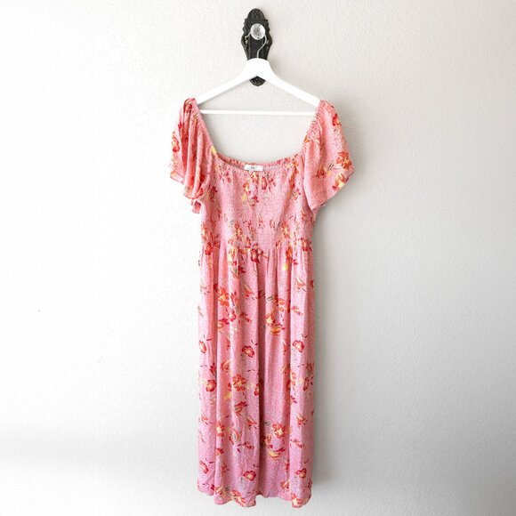 Ripe Maternity Libby Dress Size Large Pink Floral Smocked Flutter Sleeve Midi - Picture 2 of 7